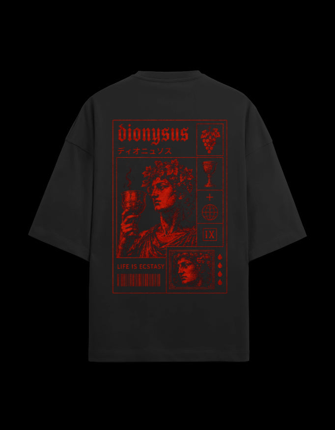 9ELIXIR Dionysus oversized tee in black — red Dionysus figure and text-block back print
