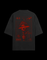 9ELIXIR Nemesis oversized tee in black — crimson figure back print