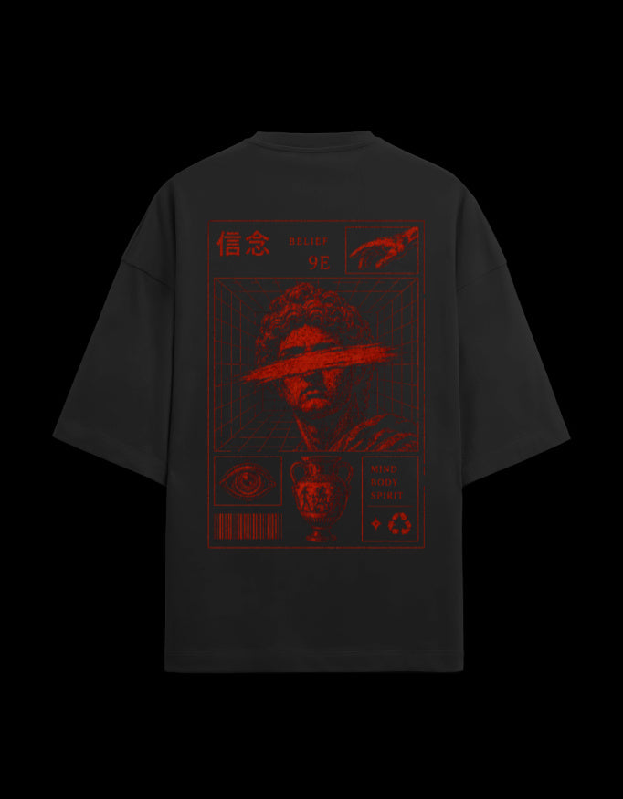 9ELIXIR Nemesis oversized tee in black — crimson figure back print