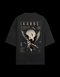 9ELIXIR Ikaros oversized tee in black — monochrome winged-figure back print