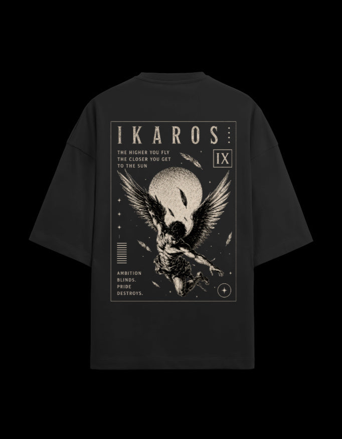 9ELIXIR Ikaros oversized tee in black — monochrome winged-figure back print