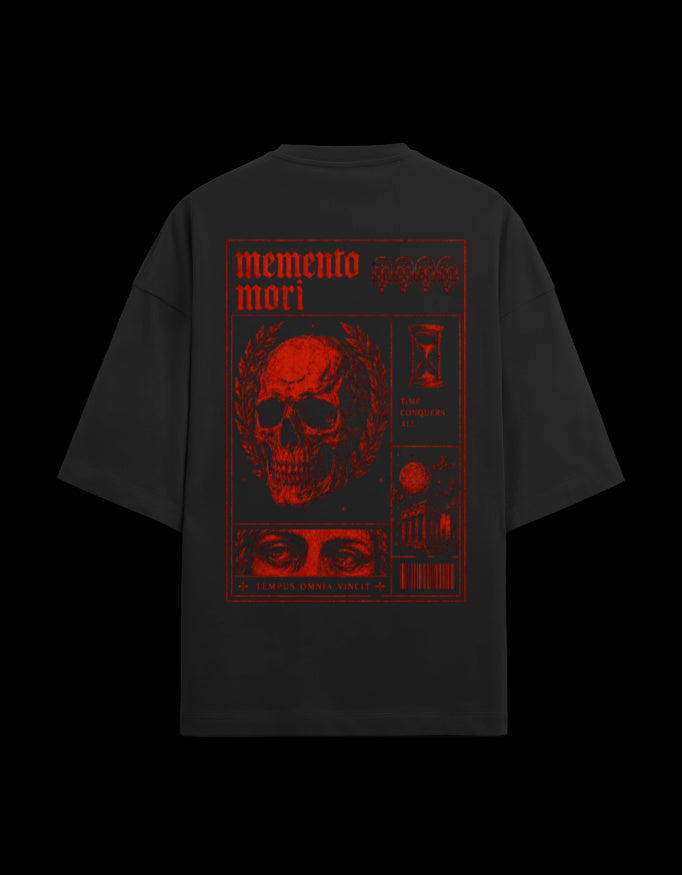 9ELIXIR Memento Mori oversized tee in black — red skull broadsheet back print