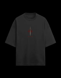 9ELIXIR Dionysus oversized tee in black — dagger and starburst chest crest, front view