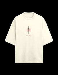 9ELIXIR Fortitudo oversized tee in off-white — dagger and starburst chest crest, front view