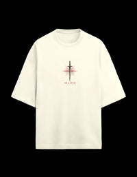 9ELIXIR Areté oversized tee in off-white — dagger and starburst chest crest, front view