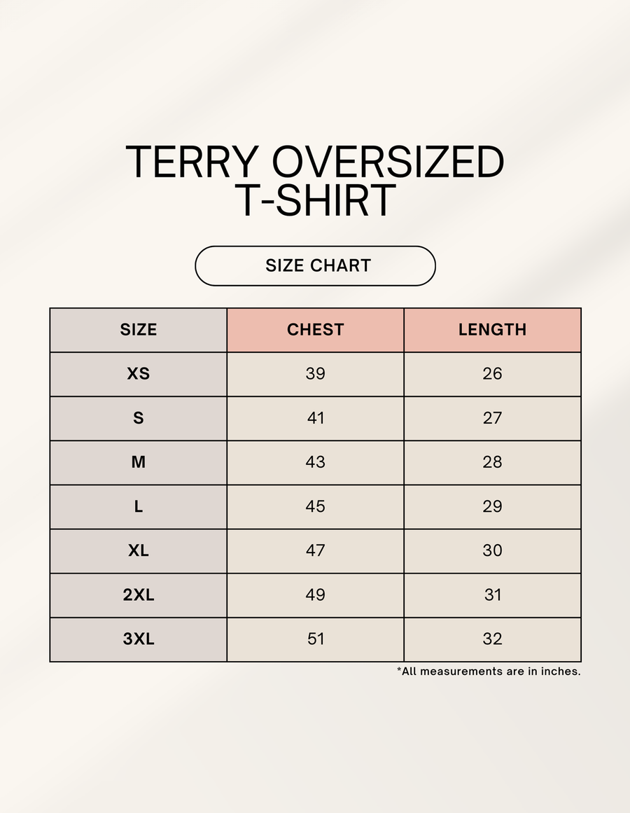 9ELIXIR terry oversized tee size chart, measurements in inches: chest 39 to 51 and length 26 to 32, listed for sizes XS to 3XL