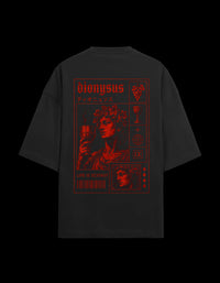 9ELIXIR Dionysus oversized tee in black — red Dionysus figure and text-block back print