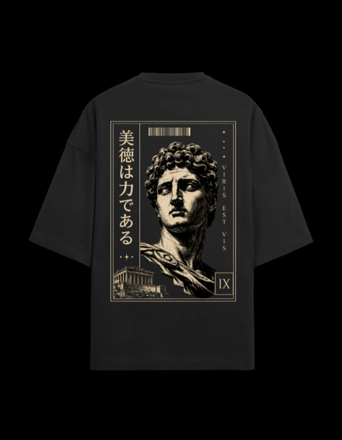9ELIXIR Kallos oversized tee in black — framed marble bust back print
