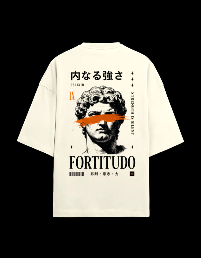 9ELIXIR Fortitudo oversized tee in off-white — marble bust with orange bar and FORTITUDO lettering, back print