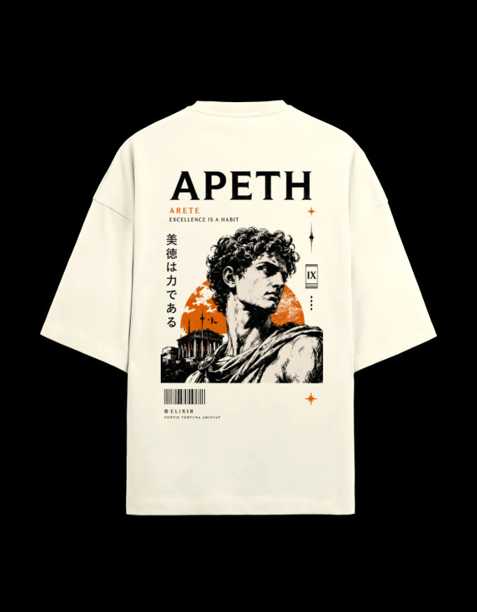 9ELIXIR Areté oversized tee in off-white — marble bust portrait back print with ΑΡΕΤΗ lettering