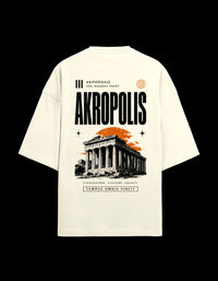 9ELIXIR Akropolis oversized tee in off-white — burnt-orange Akropolis temple back print