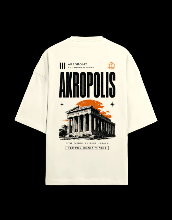 9ELIXIR Akropolis oversized tee in off-white — burnt-orange Akropolis temple back print