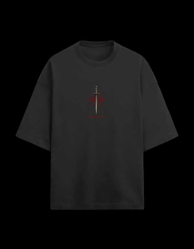 9ELIXIR Dionysus oversized tee in black — dagger and starburst chest crest, front view