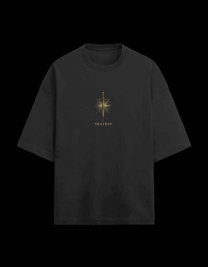 9ELIXIR Kallos oversized tee in black — starburst chest crest, front view