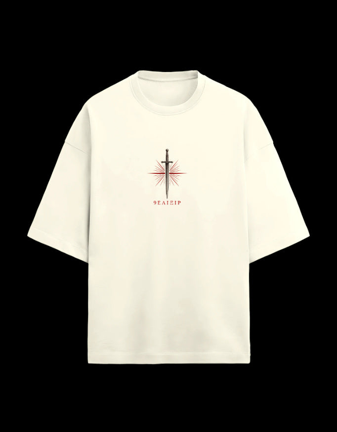9ELIXIR Fortitudo oversized tee in off-white — dagger and starburst chest crest, front view