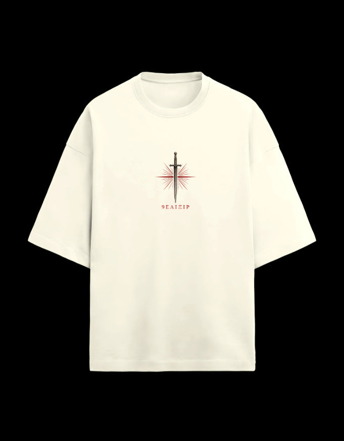 9ELIXIR Areté oversized tee in off-white — dagger and starburst chest crest, front view